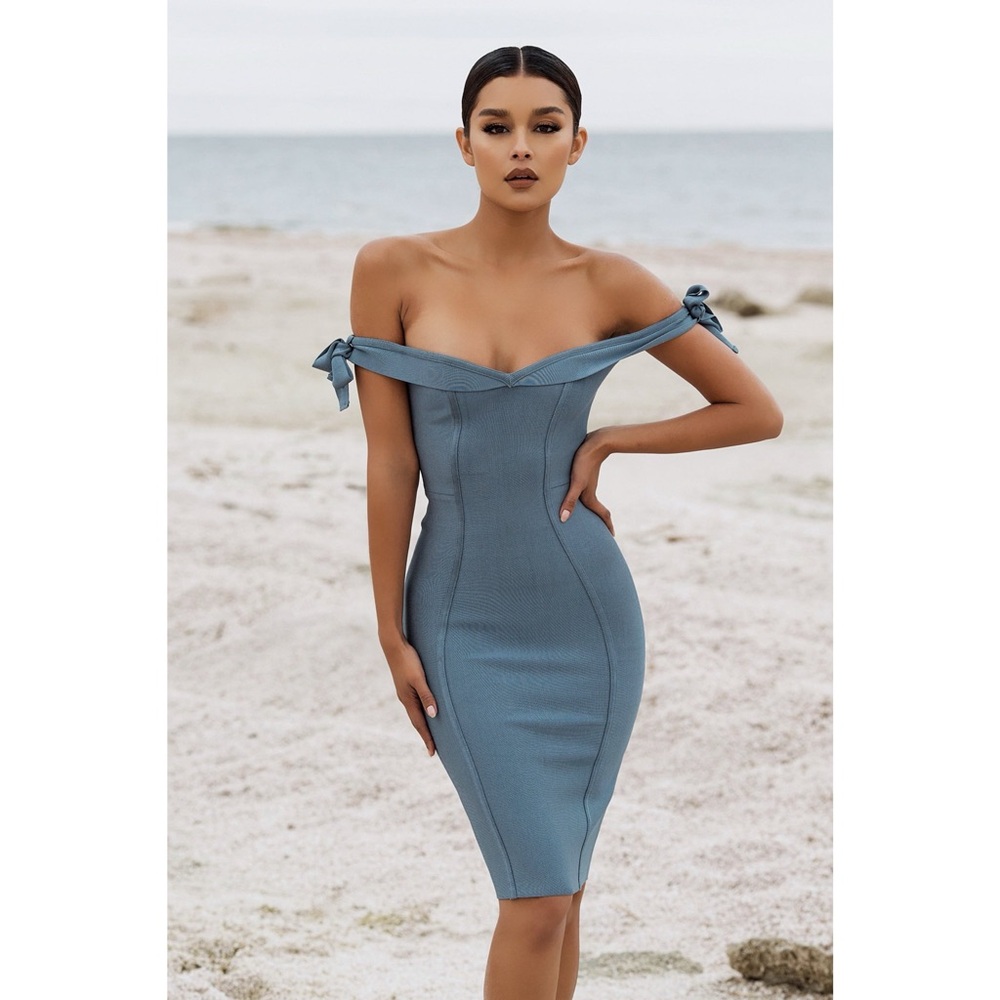 House of CB Women’s Size M Slate Blue Solaine Off Shoulder Bandage Bodycon Dress